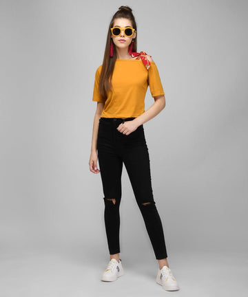 Women's Cotton Blend Solid Tie Up Shoulder Top Roposo Clout